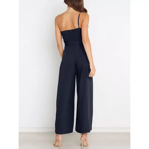 imageANRABESS Womens Summer Dressy One Shoulder Sleeveless Tie Waist Backless Casual Wide Leg Jumpsuit Rompers PocketsDark Blue