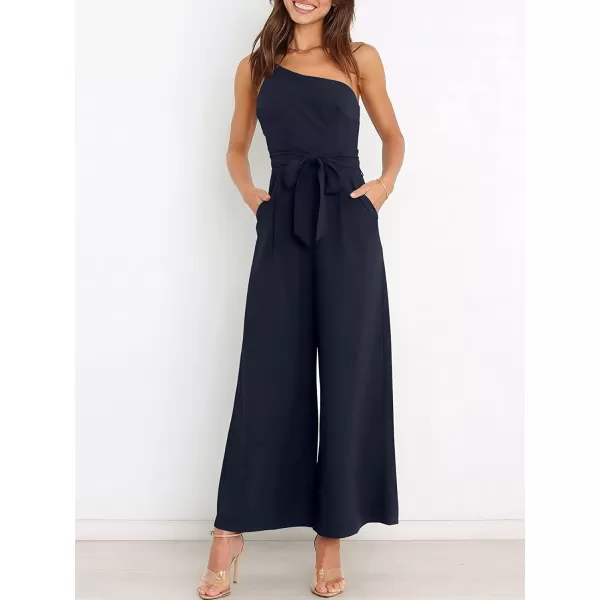 imageANRABESS Womens Summer Dressy One Shoulder Sleeveless Tie Waist Backless Casual Wide Leg Jumpsuit Rompers PocketsDark Blue