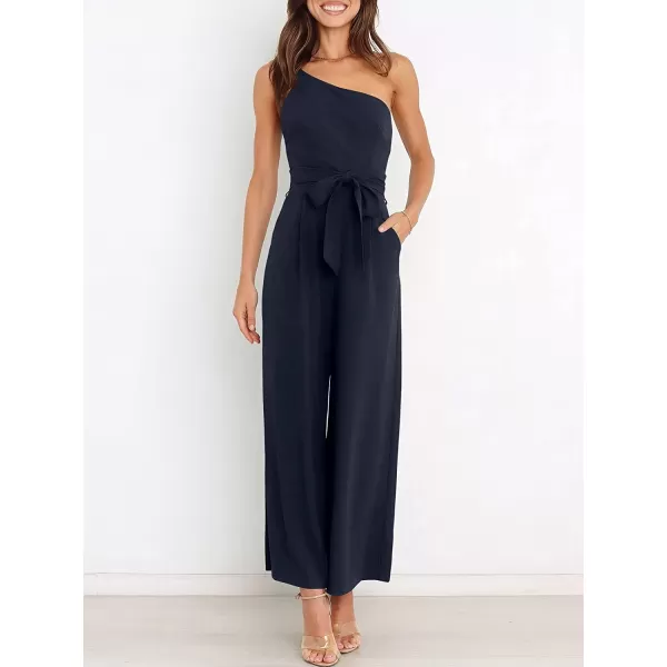 imageANRABESS Womens Summer Dressy One Shoulder Sleeveless Tie Waist Backless Casual Wide Leg Jumpsuit Rompers PocketsDark Blue