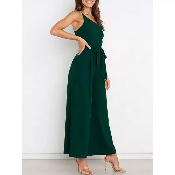 imageANRABESS Womens Summer Dressy One Shoulder Sleeveless Tie Waist Backless Casual Wide Leg Jumpsuit Rompers PocketsDeep Green