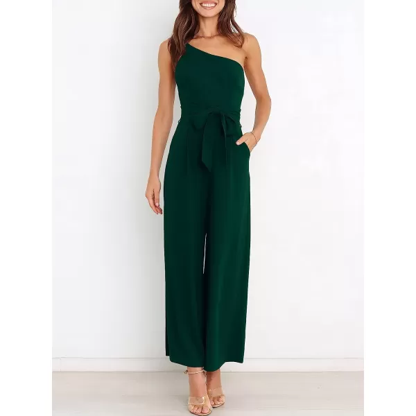 imageANRABESS Womens Summer Dressy One Shoulder Sleeveless Tie Waist Backless Casual Wide Leg Jumpsuit Rompers PocketsDeep Green