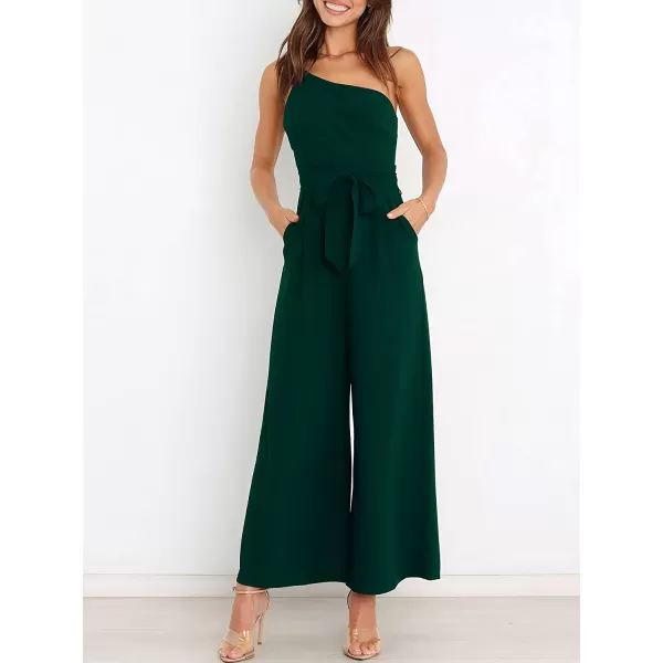 imageANRABESS Womens Summer Dressy One Shoulder Sleeveless Tie Waist Backless Casual Wide Leg Jumpsuit Rompers PocketsDeep Green