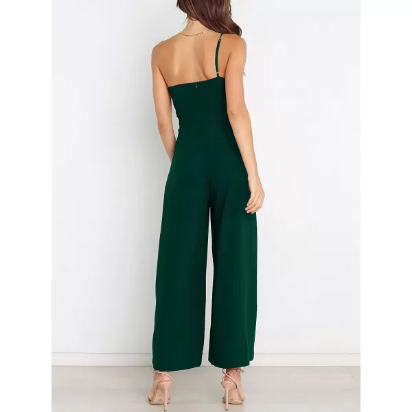 imageANRABESS Womens Summer Dressy One Shoulder Sleeveless Tie Waist Backless Casual Wide Leg Jumpsuit Rompers PocketsDeep Green