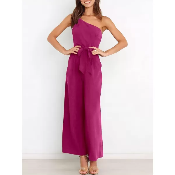 imageANRABESS Womens Summer Dressy One Shoulder Sleeveless Tie Waist Backless Casual Wide Leg Jumpsuit Rompers PocketsDeep Rose