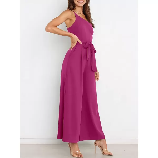 imageANRABESS Womens Summer Dressy One Shoulder Sleeveless Tie Waist Backless Casual Wide Leg Jumpsuit Rompers PocketsDeep Rose
