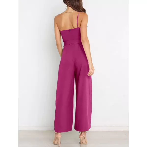 imageANRABESS Womens Summer Dressy One Shoulder Sleeveless Tie Waist Backless Casual Wide Leg Jumpsuit Rompers PocketsDeep Rose