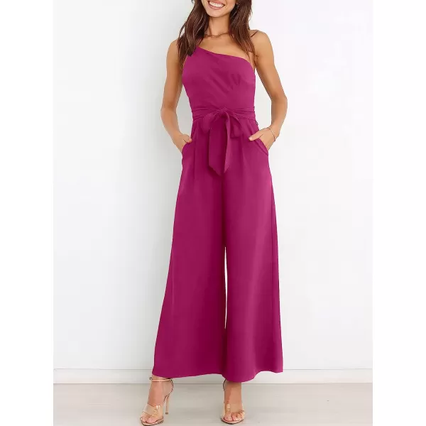 imageANRABESS Womens Summer Dressy One Shoulder Sleeveless Tie Waist Backless Casual Wide Leg Jumpsuit Rompers PocketsDeep Rose