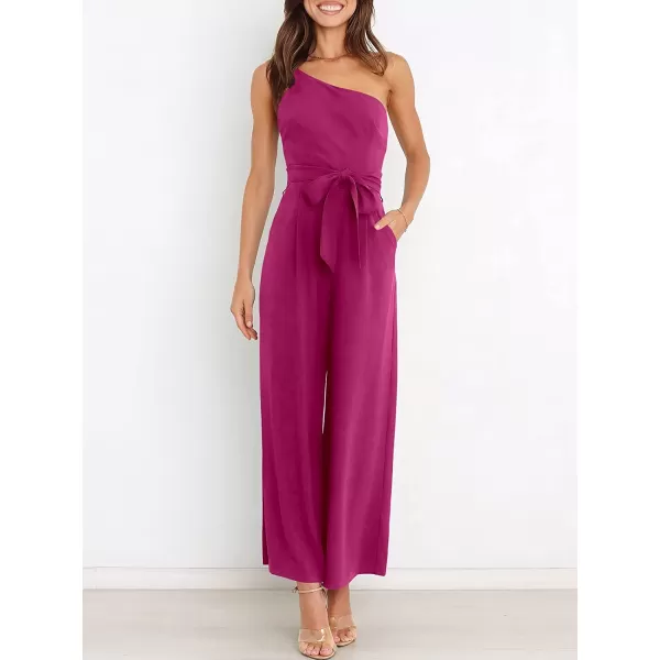 imageANRABESS Womens Summer Dressy One Shoulder Sleeveless Tie Waist Backless Casual Wide Leg Jumpsuit Rompers PocketsDeep Rose