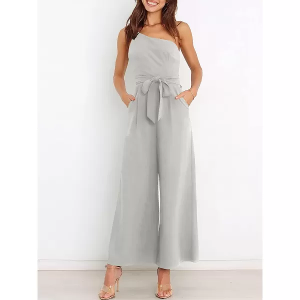 imageANRABESS Womens Summer Dressy One Shoulder Sleeveless Tie Waist Backless Casual Wide Leg Jumpsuit Rompers PocketsGray