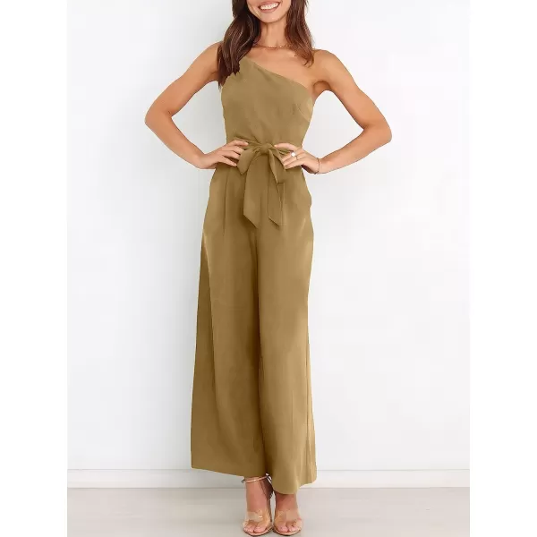 imageANRABESS Womens Summer Dressy One Shoulder Sleeveless Tie Waist Backless Casual Wide Leg Jumpsuit Rompers PocketsKhaki