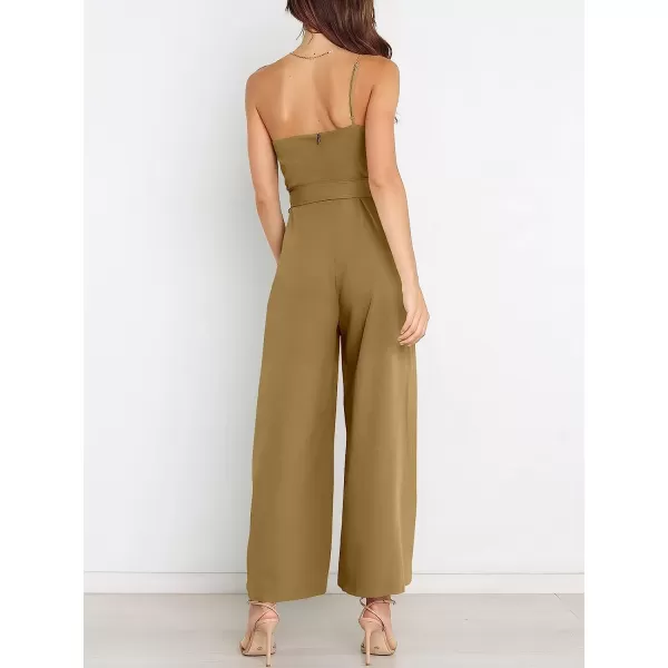 imageANRABESS Womens Summer Dressy One Shoulder Sleeveless Tie Waist Backless Casual Wide Leg Jumpsuit Rompers PocketsKhaki