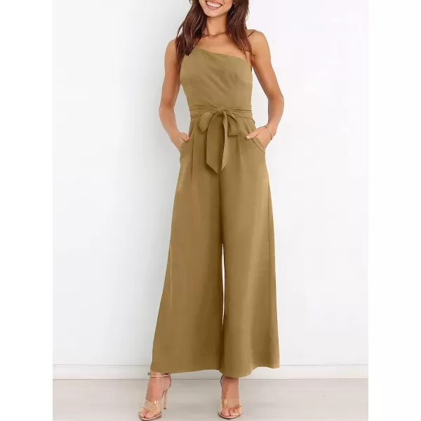 imageANRABESS Womens Summer Dressy One Shoulder Sleeveless Tie Waist Backless Casual Wide Leg Jumpsuit Rompers PocketsKhaki