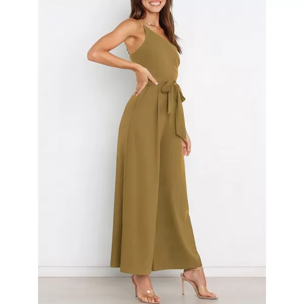 imageANRABESS Womens Summer Dressy One Shoulder Sleeveless Tie Waist Backless Casual Wide Leg Jumpsuit Rompers PocketsKhaki