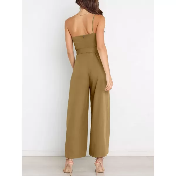 imageANRABESS Womens Summer Dressy One Shoulder Sleeveless Tie Waist Backless Casual Wide Leg Jumpsuit Rompers PocketsKhaki