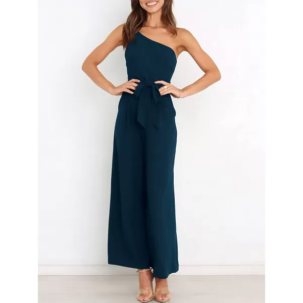 imageANRABESS Womens Summer Dressy One Shoulder Sleeveless Tie Waist Backless Casual Wide Leg Jumpsuit Rompers PocketsNavy Blue