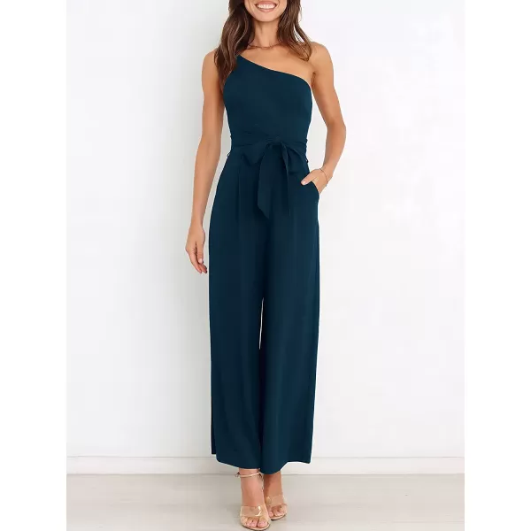 imageANRABESS Womens Summer Dressy One Shoulder Sleeveless Tie Waist Backless Casual Wide Leg Jumpsuit Rompers PocketsNavy Blue