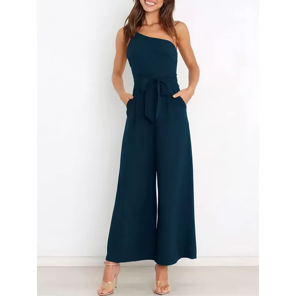 imageANRABESS Womens Summer Dressy One Shoulder Sleeveless Tie Waist Backless Casual Wide Leg Jumpsuit Rompers PocketsNavy Blue