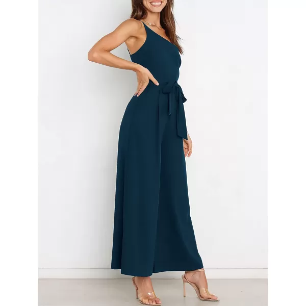 imageANRABESS Womens Summer Dressy One Shoulder Sleeveless Tie Waist Backless Casual Wide Leg Jumpsuit Rompers PocketsNavy Blue