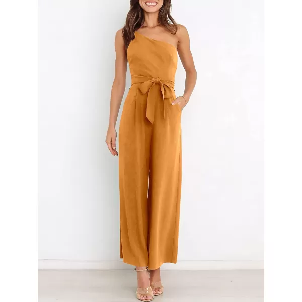 imageANRABESS Womens Summer Dressy One Shoulder Sleeveless Tie Waist Backless Casual Wide Leg Jumpsuit Rompers PocketsOrange