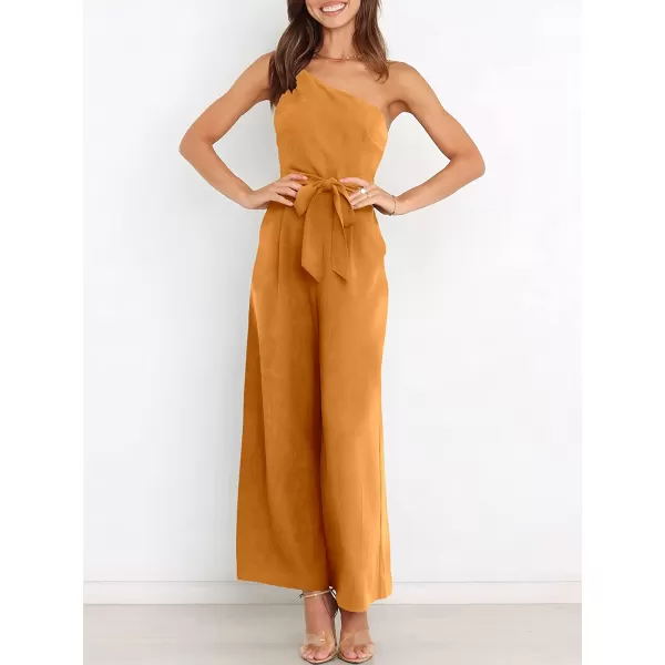 imageANRABESS Womens Summer Dressy One Shoulder Sleeveless Tie Waist Backless Casual Wide Leg Jumpsuit Rompers PocketsOrange