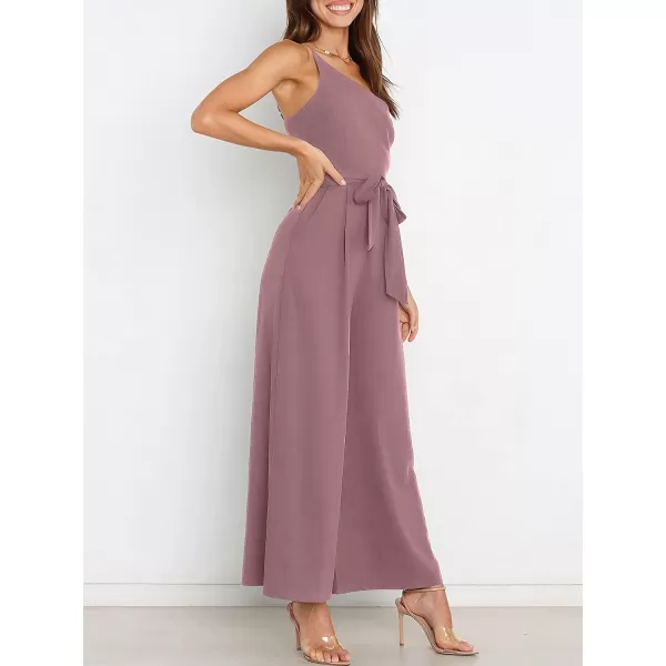 imageANRABESS Womens Summer Dressy One Shoulder Sleeveless Tie Waist Backless Casual Wide Leg Jumpsuit Rompers PocketsPink