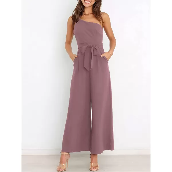 imageANRABESS Womens Summer Dressy One Shoulder Sleeveless Tie Waist Backless Casual Wide Leg Jumpsuit Rompers PocketsPink