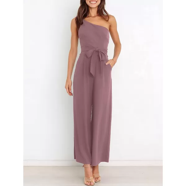 imageANRABESS Womens Summer Dressy One Shoulder Sleeveless Tie Waist Backless Casual Wide Leg Jumpsuit Rompers PocketsPink