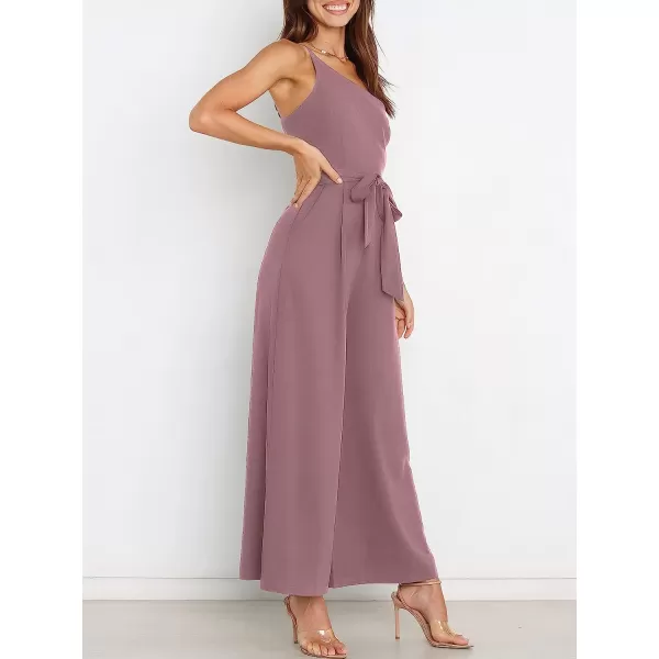 imageANRABESS Womens Summer Dressy One Shoulder Sleeveless Tie Waist Backless Casual Wide Leg Jumpsuit Rompers PocketsPink