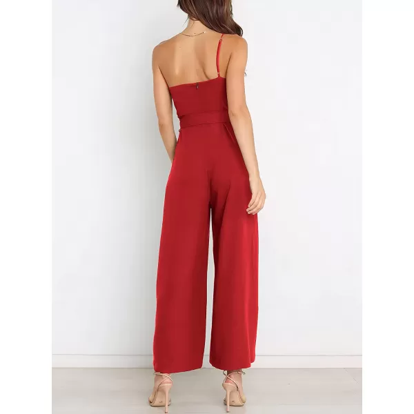 imageANRABESS Womens Summer Dressy One Shoulder Sleeveless Tie Waist Backless Casual Wide Leg Jumpsuit Rompers PocketsRed