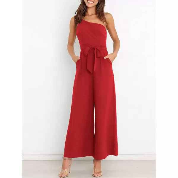 imageANRABESS Womens Summer Dressy One Shoulder Sleeveless Tie Waist Backless Casual Wide Leg Jumpsuit Rompers PocketsRed
