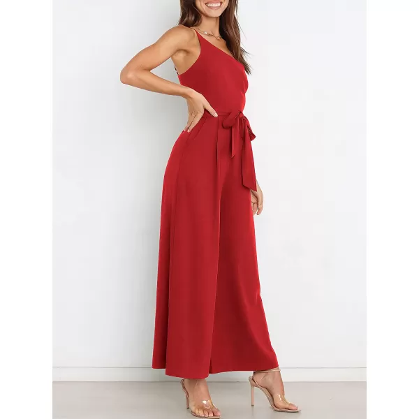 imageANRABESS Womens Summer Dressy One Shoulder Sleeveless Tie Waist Backless Casual Wide Leg Jumpsuit Rompers PocketsRed