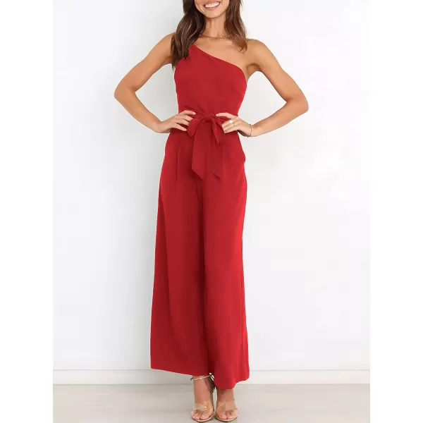 imageANRABESS Womens Summer Dressy One Shoulder Sleeveless Tie Waist Backless Casual Wide Leg Jumpsuit Rompers PocketsRed