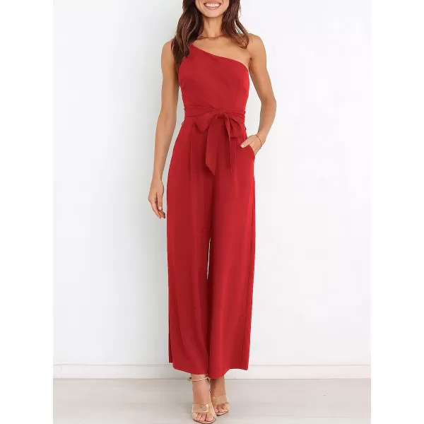 imageANRABESS Womens Summer Dressy One Shoulder Sleeveless Tie Waist Backless Casual Wide Leg Jumpsuit Rompers PocketsRed