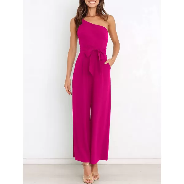 imageANRABESS Womens Summer Dressy One Shoulder Sleeveless Tie Waist Backless Casual Wide Leg Jumpsuit Rompers PocketsRose