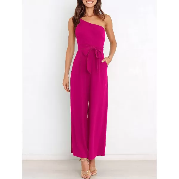 imageANRABESS Womens Summer Dressy One Shoulder Sleeveless Tie Waist Backless Casual Wide Leg Jumpsuit Rompers PocketsRose