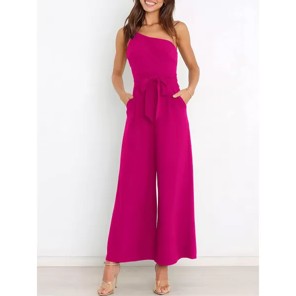 imageANRABESS Womens Summer Dressy One Shoulder Sleeveless Tie Waist Backless Casual Wide Leg Jumpsuit Rompers PocketsRose
