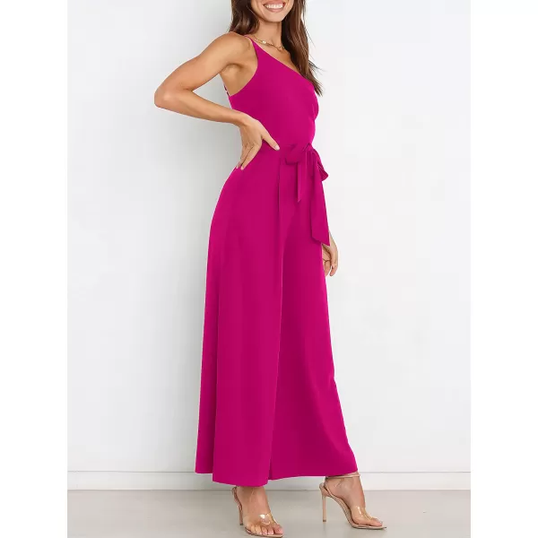 imageANRABESS Womens Summer Dressy One Shoulder Sleeveless Tie Waist Backless Casual Wide Leg Jumpsuit Rompers PocketsRose