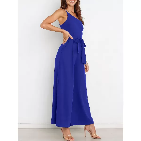 imageANRABESS Womens Summer Dressy One Shoulder Sleeveless Tie Waist Backless Casual Wide Leg Jumpsuit Rompers PocketsRoyal Blue