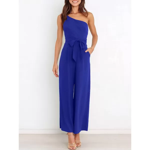 imageANRABESS Womens Summer Dressy One Shoulder Sleeveless Tie Waist Backless Casual Wide Leg Jumpsuit Rompers PocketsRoyal Blue
