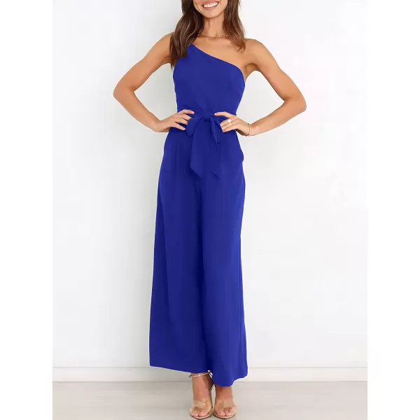 imageANRABESS Womens Summer Dressy One Shoulder Sleeveless Tie Waist Backless Casual Wide Leg Jumpsuit Rompers PocketsRoyal Blue