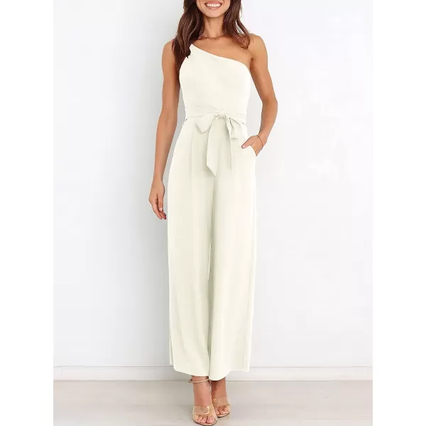 imageANRABESS Womens Summer Dressy One Shoulder Sleeveless Tie Waist Backless Casual Wide Leg Jumpsuit Rompers PocketsWhite