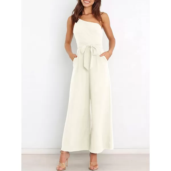 imageANRABESS Womens Summer Dressy One Shoulder Sleeveless Tie Waist Backless Casual Wide Leg Jumpsuit Rompers PocketsWhite