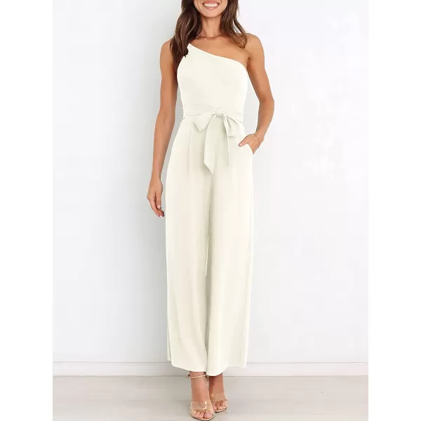 imageANRABESS Womens Summer Dressy One Shoulder Sleeveless Tie Waist Backless Casual Wide Leg Jumpsuit Rompers PocketsWhite