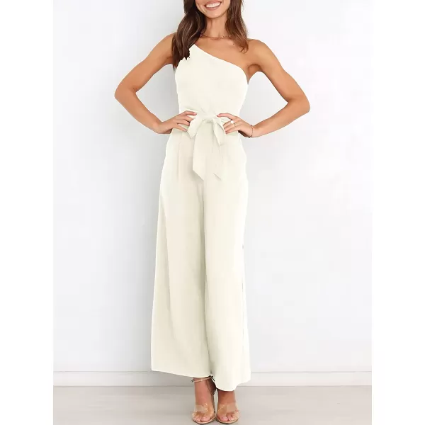 imageANRABESS Womens Summer Dressy One Shoulder Sleeveless Tie Waist Backless Casual Wide Leg Jumpsuit Rompers PocketsWhite
