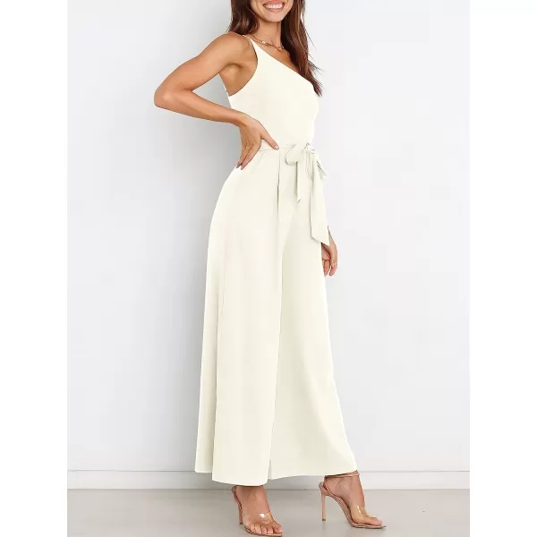 imageANRABESS Womens Summer Dressy One Shoulder Sleeveless Tie Waist Backless Casual Wide Leg Jumpsuit Rompers PocketsWhite