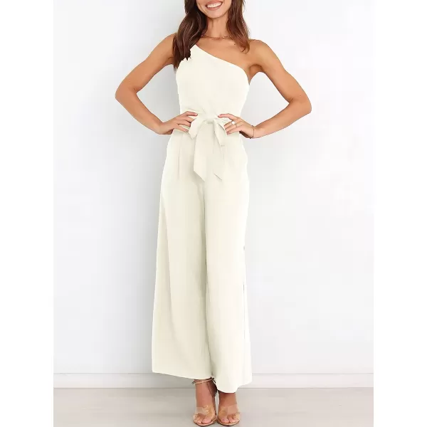 imageANRABESS Womens Summer Dressy One Shoulder Sleeveless Tie Waist Backless Casual Wide Leg Jumpsuit Rompers PocketsWhite