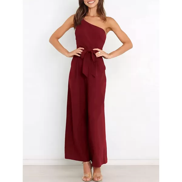 imageANRABESS Womens Summer Dressy One Shoulder Sleeveless Tie Waist Backless Casual Wide Leg Jumpsuit Rompers PocketsWine Red