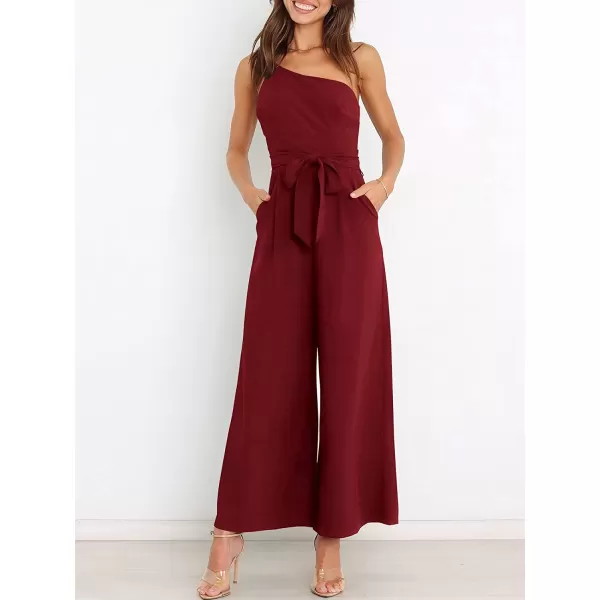 imageANRABESS Womens Summer Dressy One Shoulder Sleeveless Tie Waist Backless Casual Wide Leg Jumpsuit Rompers PocketsWine Red