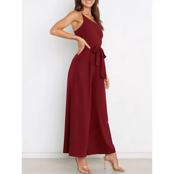 imageANRABESS Womens Summer Dressy One Shoulder Sleeveless Tie Waist Backless Casual Wide Leg Jumpsuit Rompers PocketsWine Red
