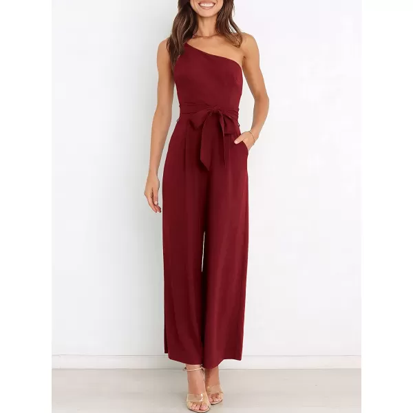imageANRABESS Womens Summer Dressy One Shoulder Sleeveless Tie Waist Backless Casual Wide Leg Jumpsuit Rompers PocketsWine Red